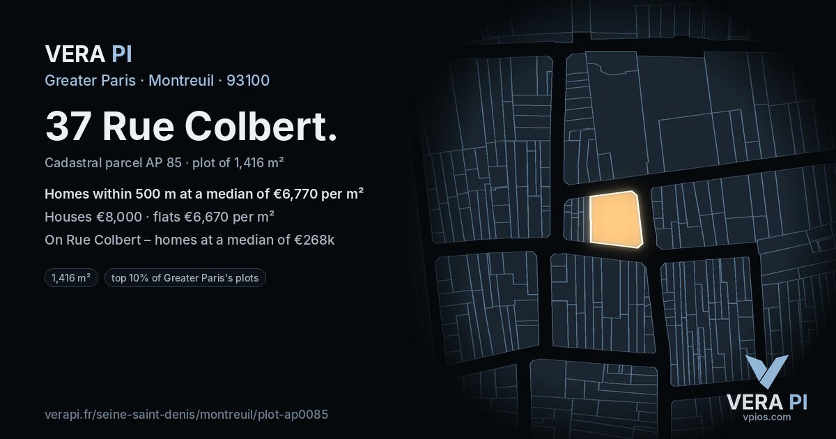 37 Rue Colbert, Montreuil at night – the plot lit, the parcels around coloured by the prices near them