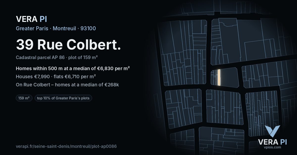 39 Rue Colbert, Montreuil at night – the plot lit, the parcels around coloured by the prices near them