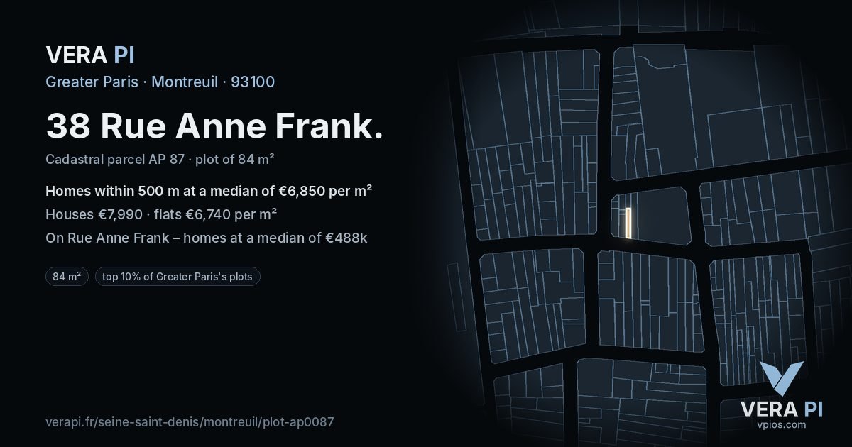 38 Rue Anne Frank, Montreuil at night – the plot lit, the parcels around coloured by the prices near them