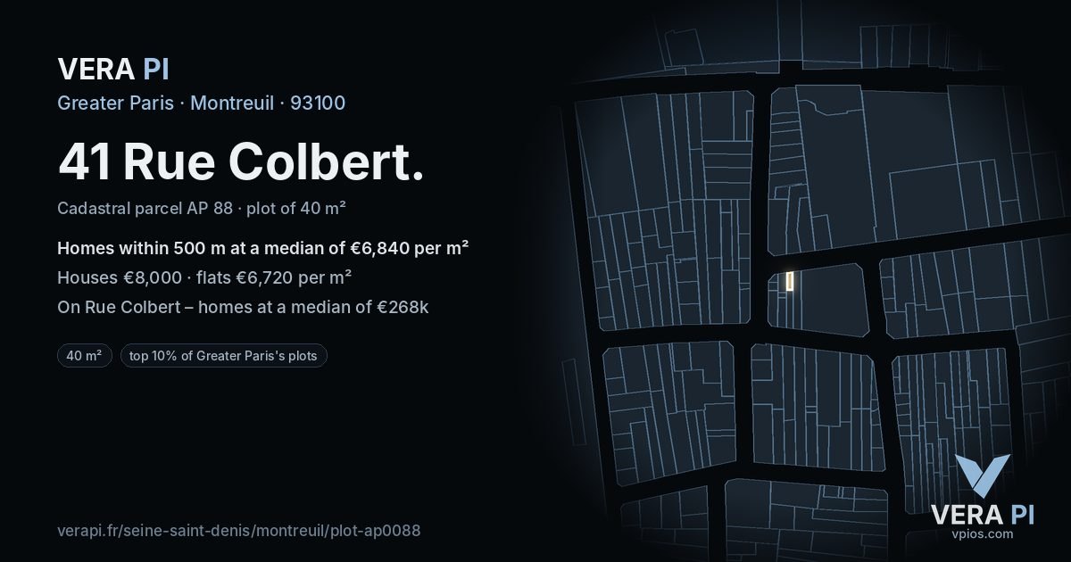 41 Rue Colbert, Montreuil at night – the plot lit, the parcels around coloured by the prices near them