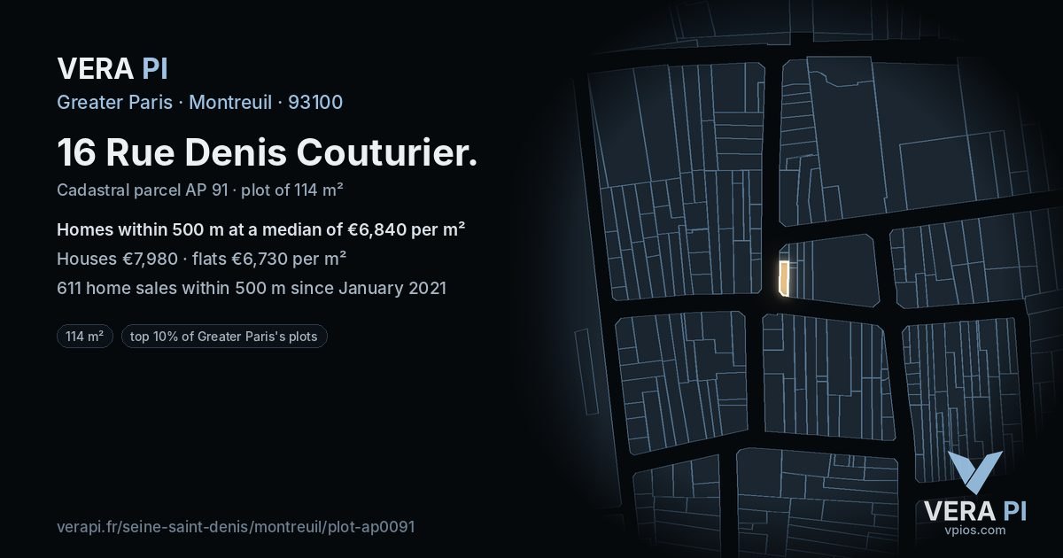 16 Rue Denis Couturier, Montreuil at night – the plot lit, the parcels around coloured by the prices near them