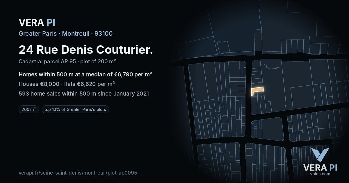 24 Rue Denis Couturier, Montreuil at night – the plot lit, the parcels around coloured by the prices near them