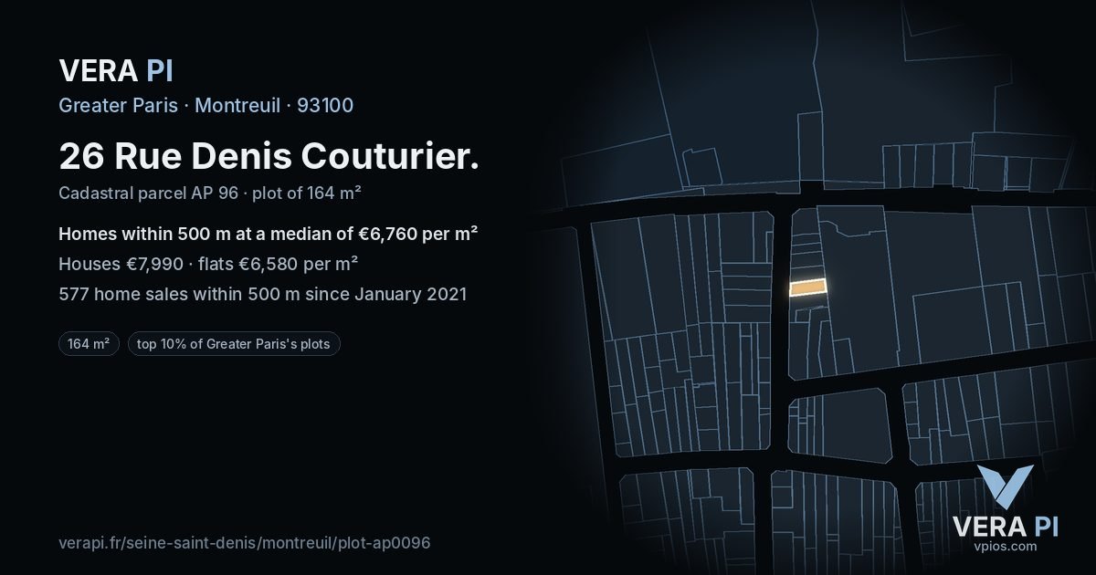 26 Rue Denis Couturier, Montreuil at night – the plot lit, the parcels around coloured by the prices near them
