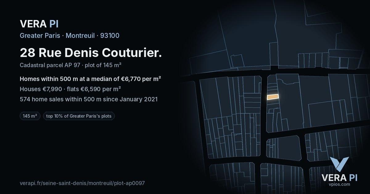 28 Rue Denis Couturier, Montreuil at night – the plot lit, the parcels around coloured by the prices near them