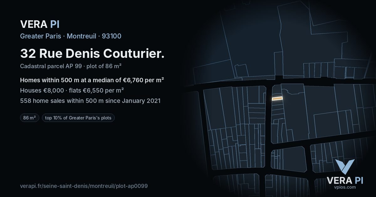 32 Rue Denis Couturier, Montreuil at night – the plot lit, the parcels around coloured by the prices near them