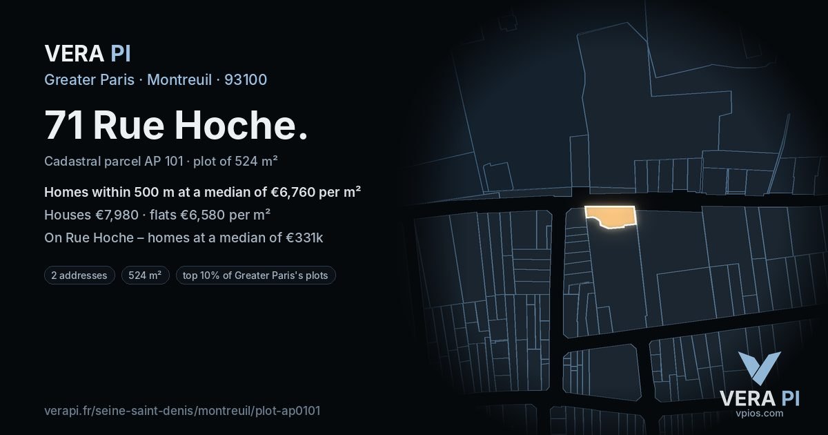 71 Rue Hoche, Montreuil at night – the plot lit, the parcels around coloured by the prices near them