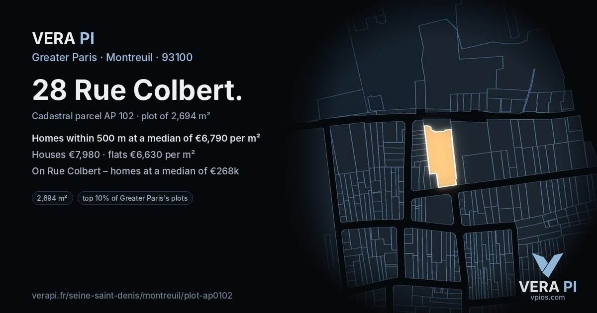 28 Rue Colbert, Montreuil at night – the plot lit, the parcels around coloured by the prices near them