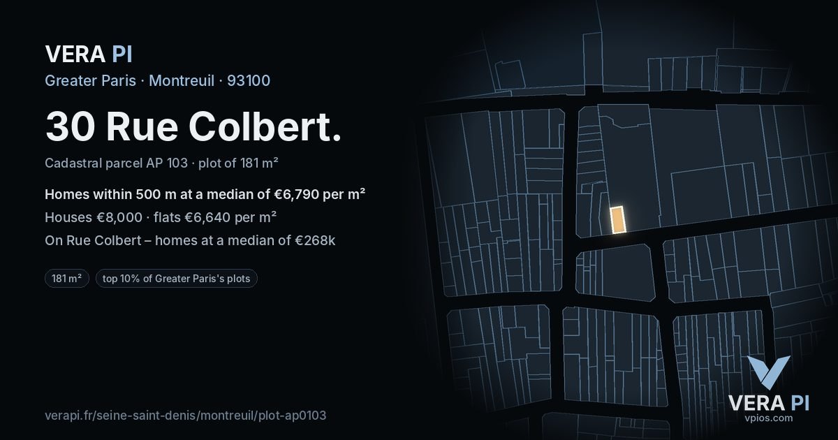 30 Rue Colbert, Montreuil at night – the plot lit, the parcels around coloured by the prices near them