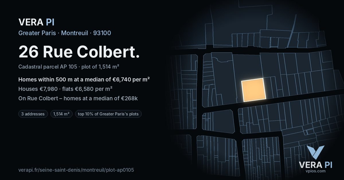 26 Rue Colbert, Montreuil at night – the plot lit, the parcels around coloured by the prices near them