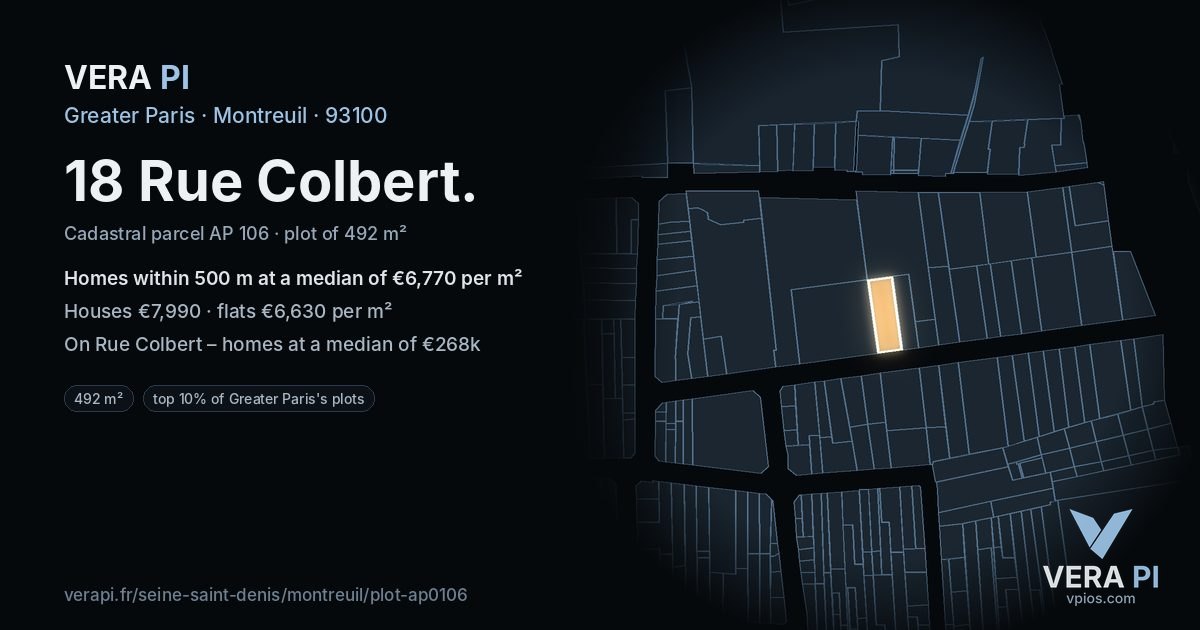 18 Rue Colbert, Montreuil at night – the plot lit, the parcels around coloured by the prices near them