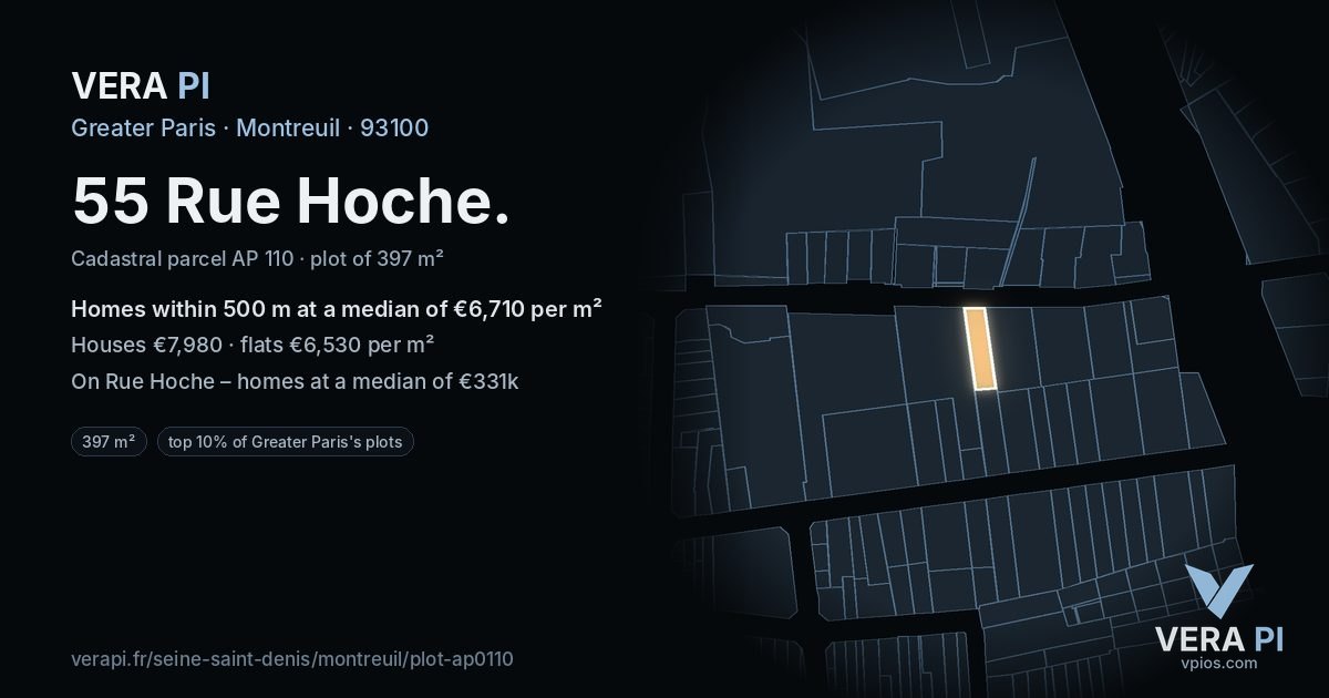 55 Rue Hoche, Montreuil at night – the plot lit, the parcels around coloured by the prices near them