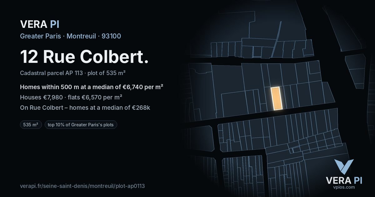 12 Rue Colbert, Montreuil at night – the plot lit, the parcels around coloured by the prices near them