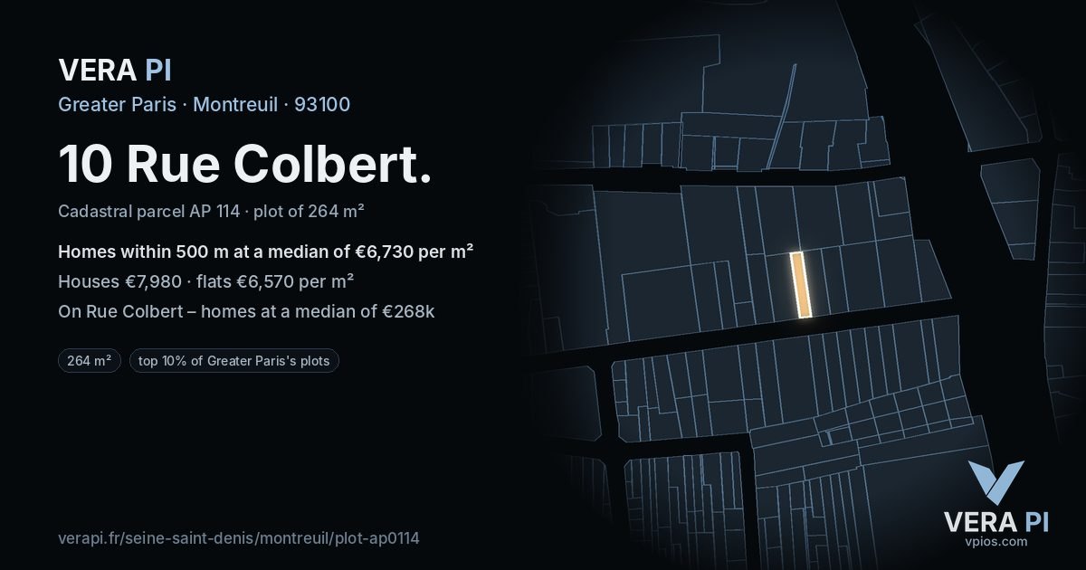 10 Rue Colbert, Montreuil at night – the plot lit, the parcels around coloured by the prices near them