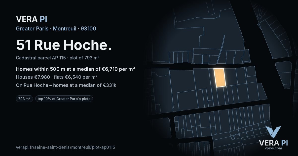 51 Rue Hoche, Montreuil at night – the plot lit, the parcels around coloured by the prices near them