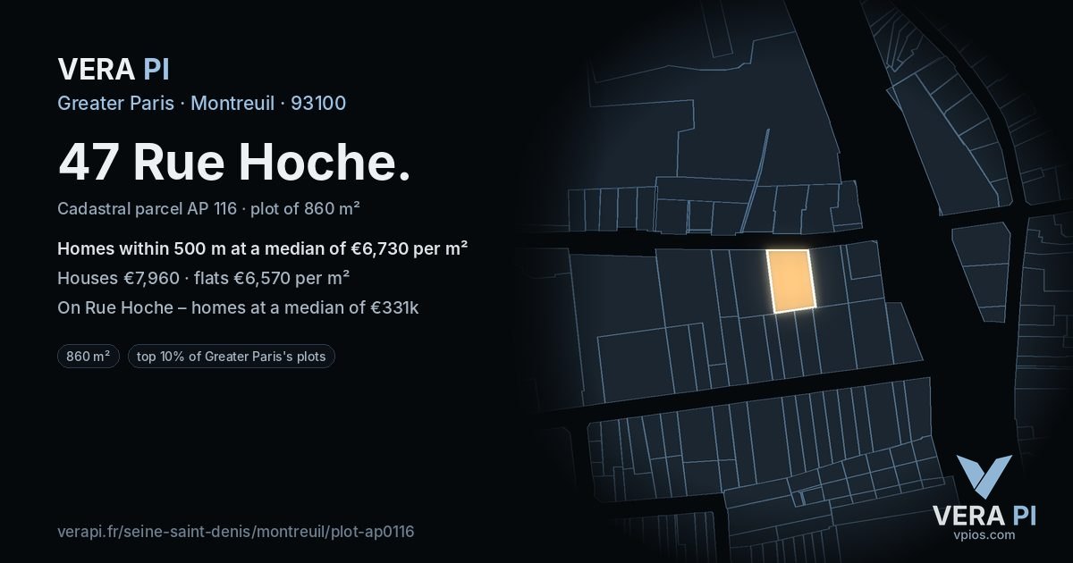 47 Rue Hoche, Montreuil at night – the plot lit, the parcels around coloured by the prices near them