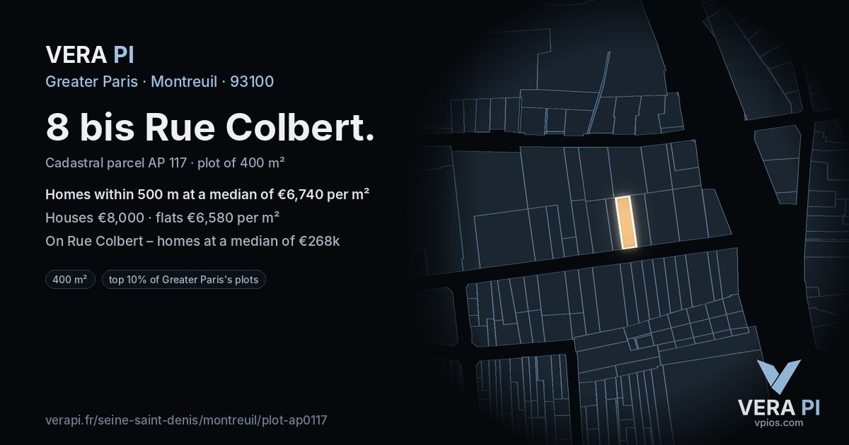 8 bis Rue Colbert, Montreuil at night – the plot lit, the parcels around coloured by the prices near them