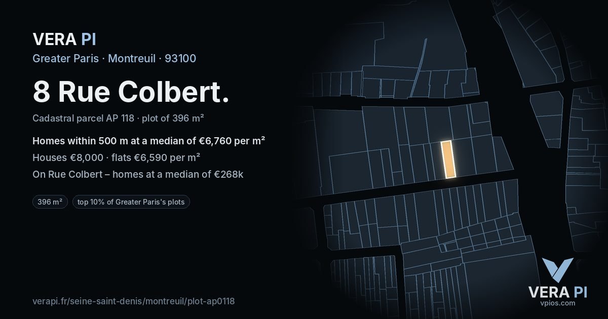 8 Rue Colbert, Montreuil at night – the plot lit, the parcels around coloured by the prices near them