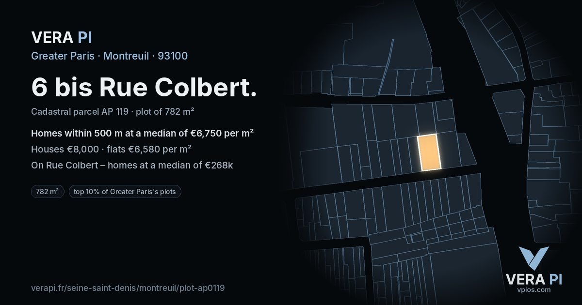 6 bis Rue Colbert, Montreuil at night – the plot lit, the parcels around coloured by the prices near them