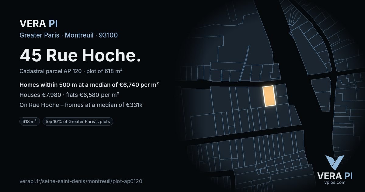 45 Rue Hoche, Montreuil at night – the plot lit, the parcels around coloured by the prices near them