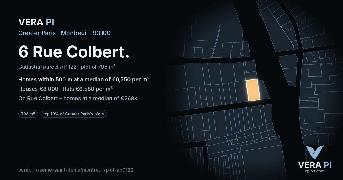 6 Rue Colbert, Montreuil at night – the plot lit, the parcels around coloured by the prices near them