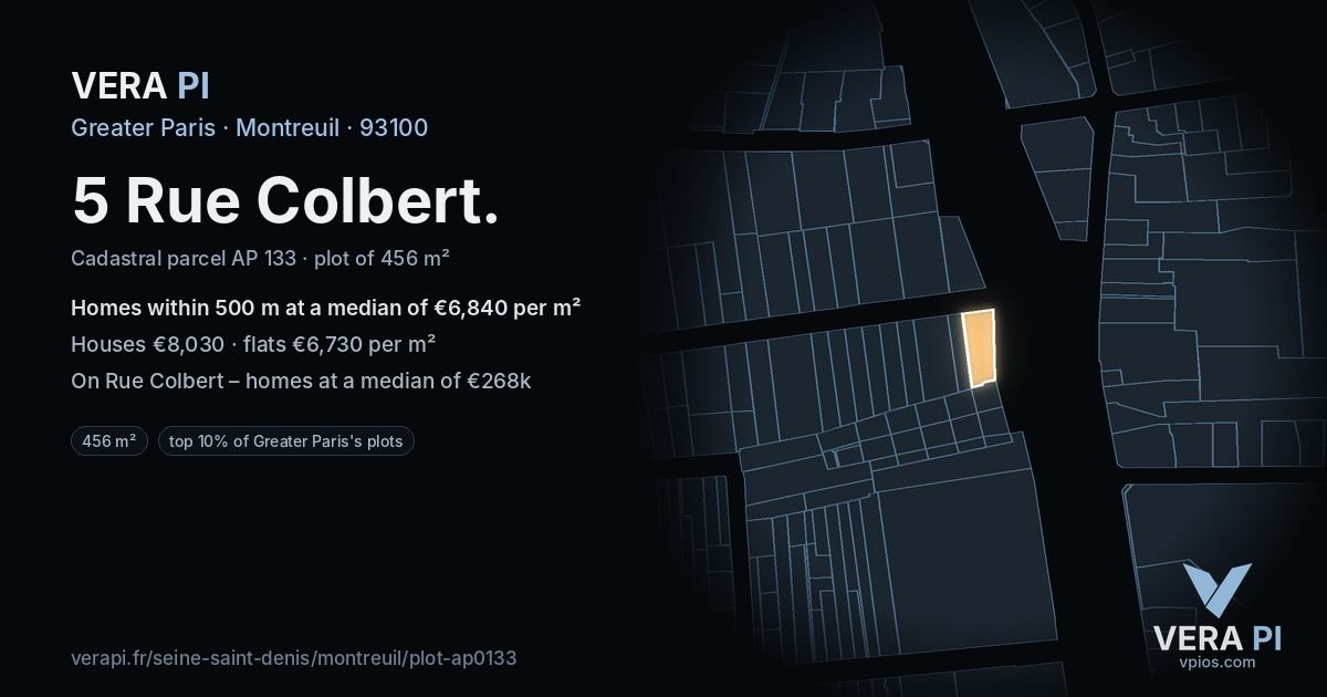 5 Rue Colbert, Montreuil at night – the plot lit, the parcels around coloured by the prices near them