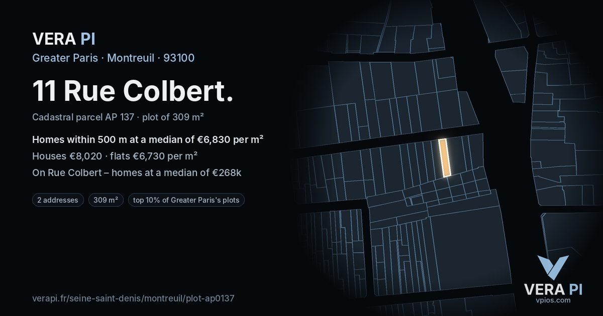 11 Rue Colbert, Montreuil at night – the plot lit, the parcels around coloured by the prices near them