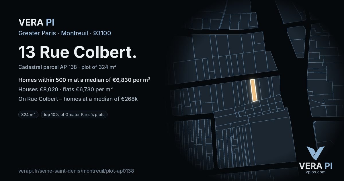 13 Rue Colbert, Montreuil at night – the plot lit, the parcels around coloured by the prices near them