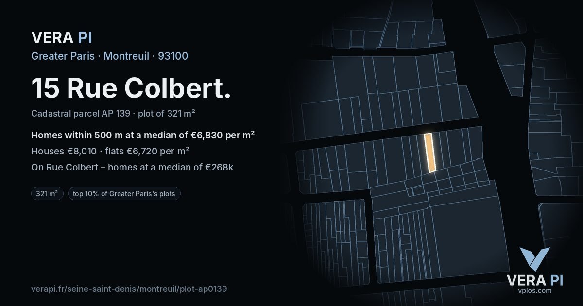 15 Rue Colbert, Montreuil at night – the plot lit, the parcels around coloured by the prices near them