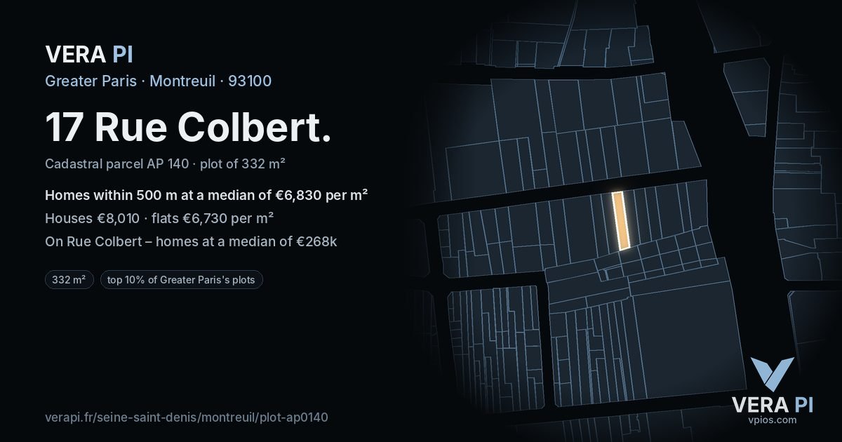 17 Rue Colbert, Montreuil at night – the plot lit, the parcels around coloured by the prices near them