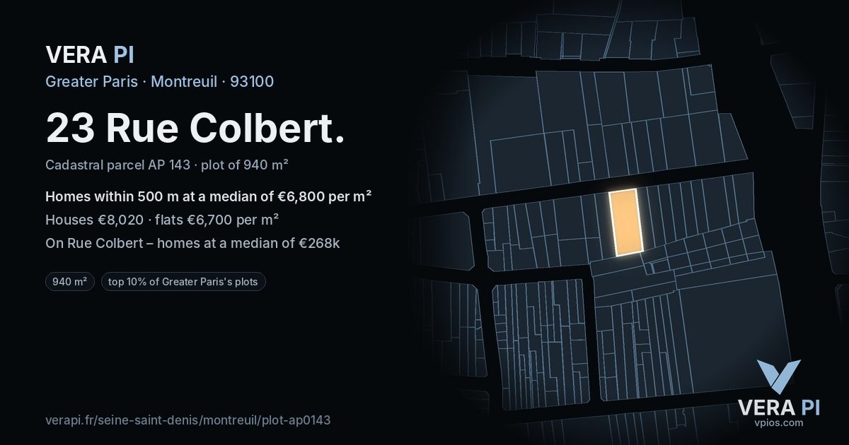23 Rue Colbert, Montreuil at night – the plot lit, the parcels around coloured by the prices near them