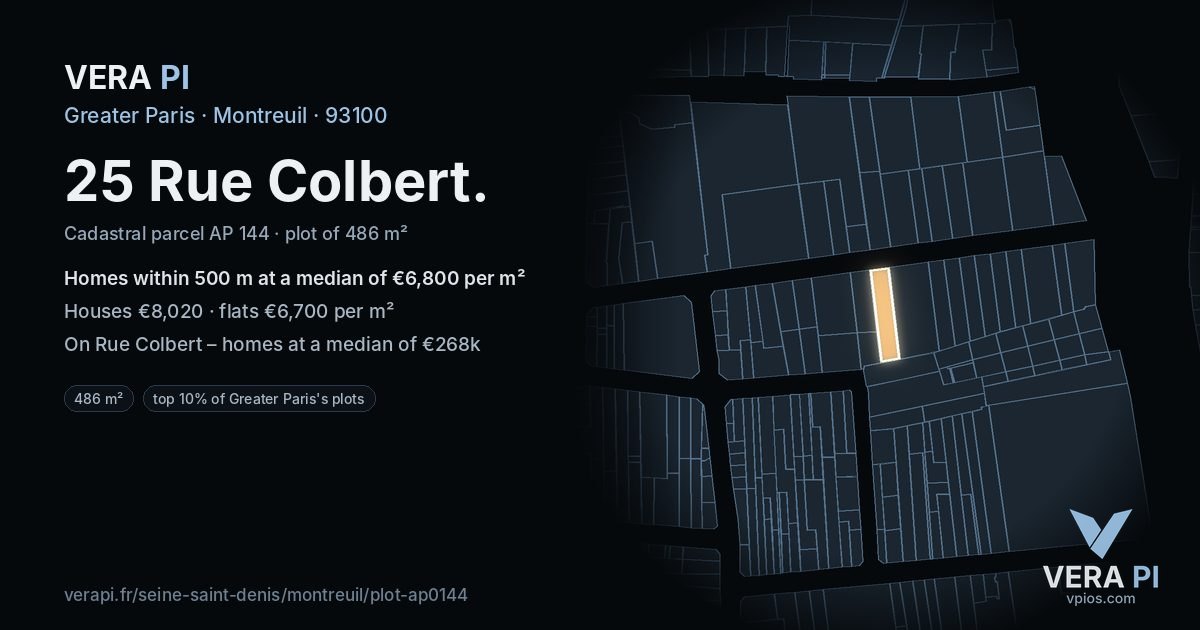 25 Rue Colbert, Montreuil at night – the plot lit, the parcels around coloured by the prices near them