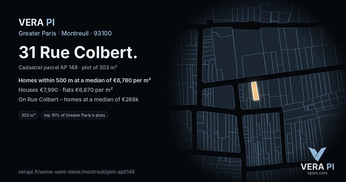 31 Rue Colbert, Montreuil at night – the plot lit, the parcels around coloured by the prices near them