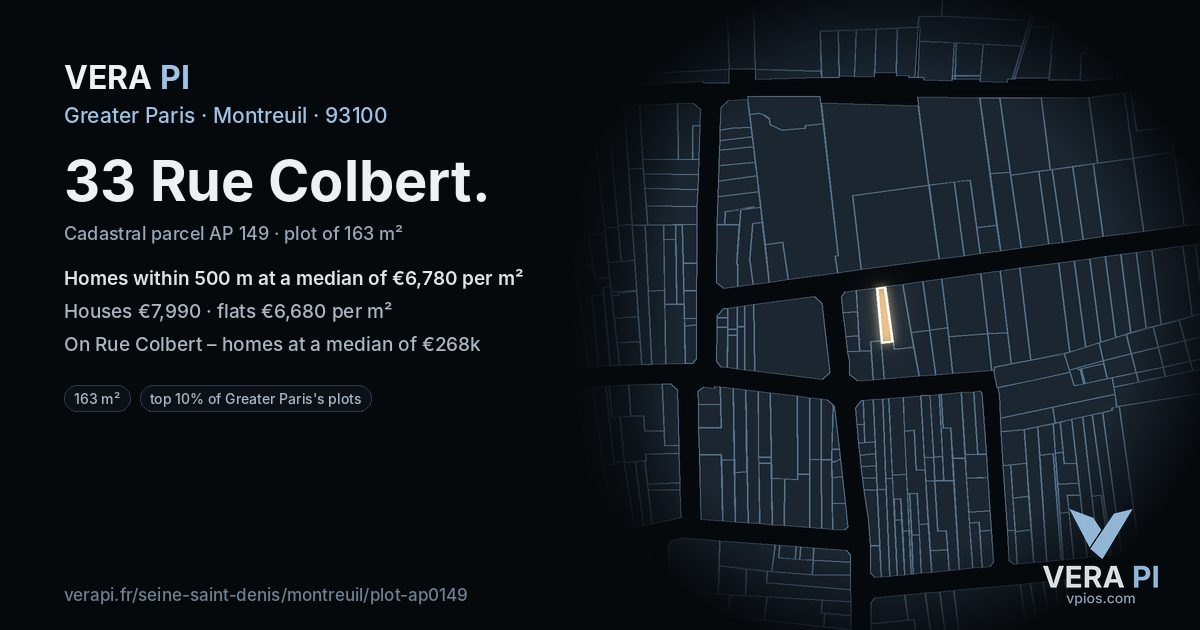 33 Rue Colbert, Montreuil at night – the plot lit, the parcels around coloured by the prices near them