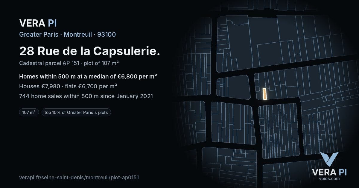 28 Rue de la Capsulerie, Montreuil at night – the plot lit, the parcels around coloured by the prices near them