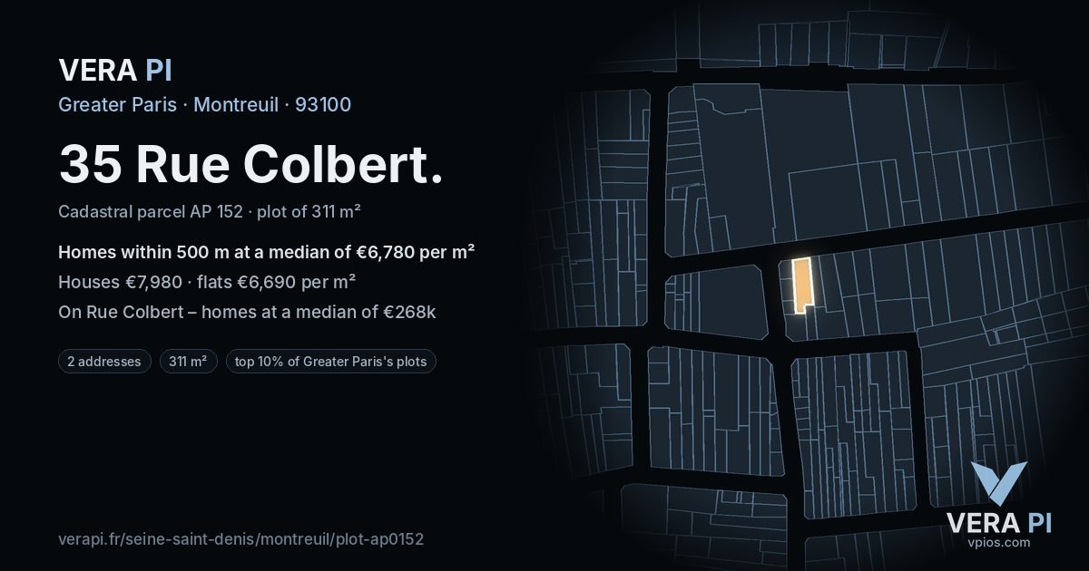 35 Rue Colbert, Montreuil at night – the plot lit, the parcels around coloured by the prices near them