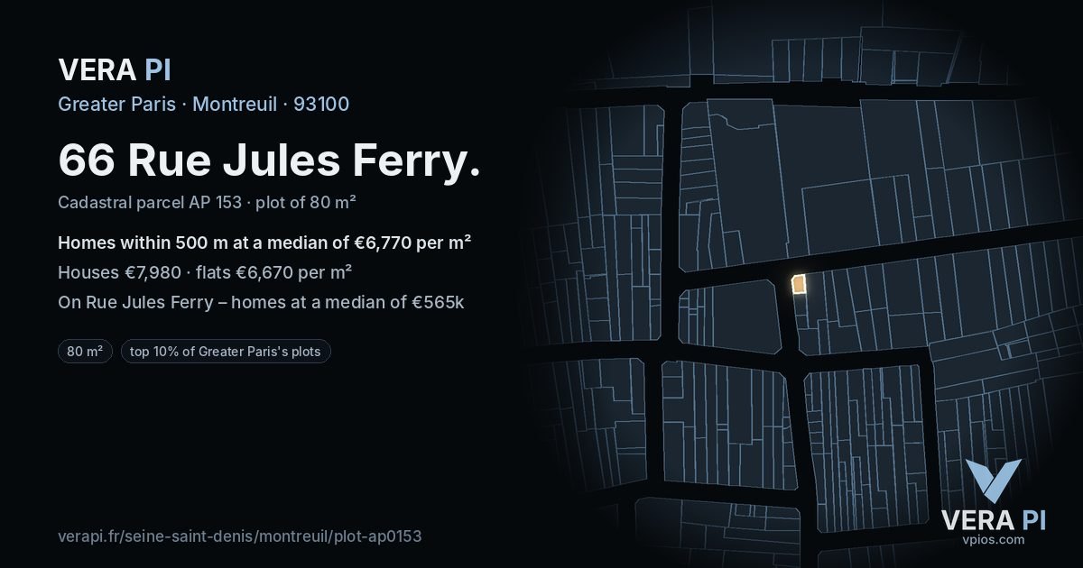 66 Rue Jules Ferry, Montreuil at night – the plot lit, the parcels around coloured by the prices near them