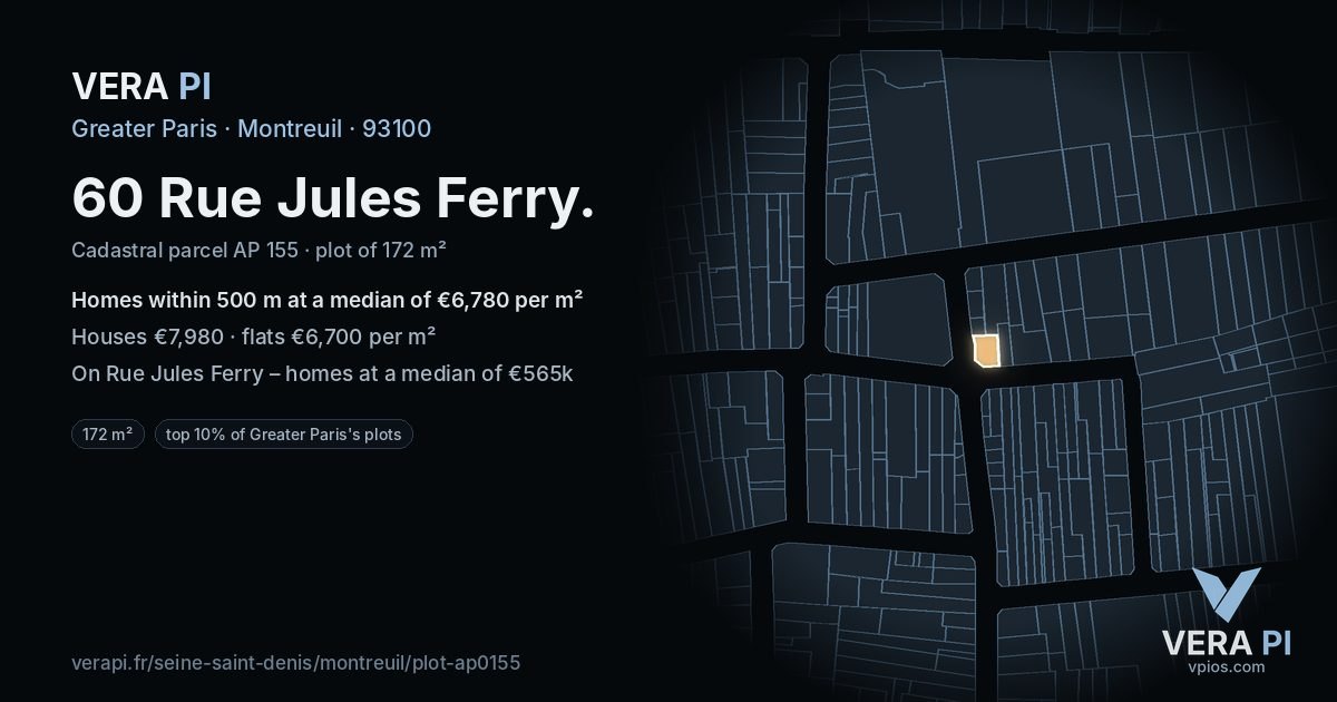 60 Rue Jules Ferry, Montreuil at night – the plot lit, the parcels around coloured by the prices near them