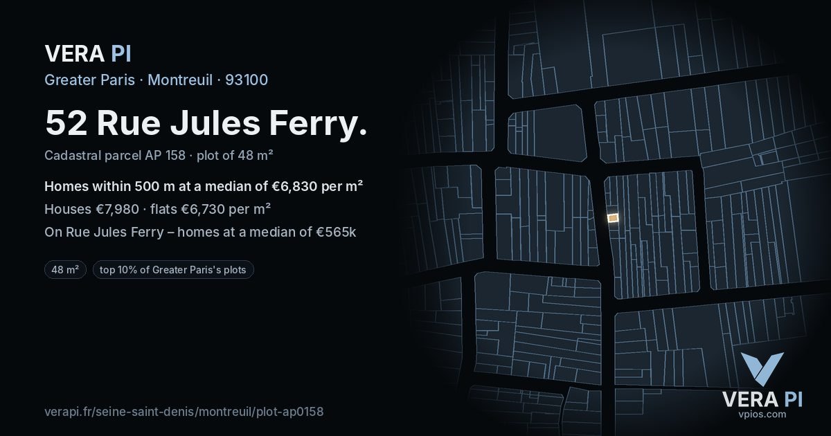 52 Rue Jules Ferry, Montreuil at night – the plot lit, the parcels around coloured by the prices near them