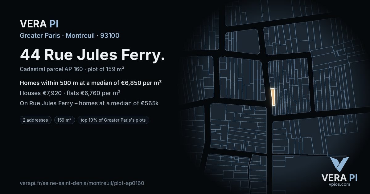 44 Rue Jules Ferry, Montreuil at night – the plot lit, the parcels around coloured by the prices near them