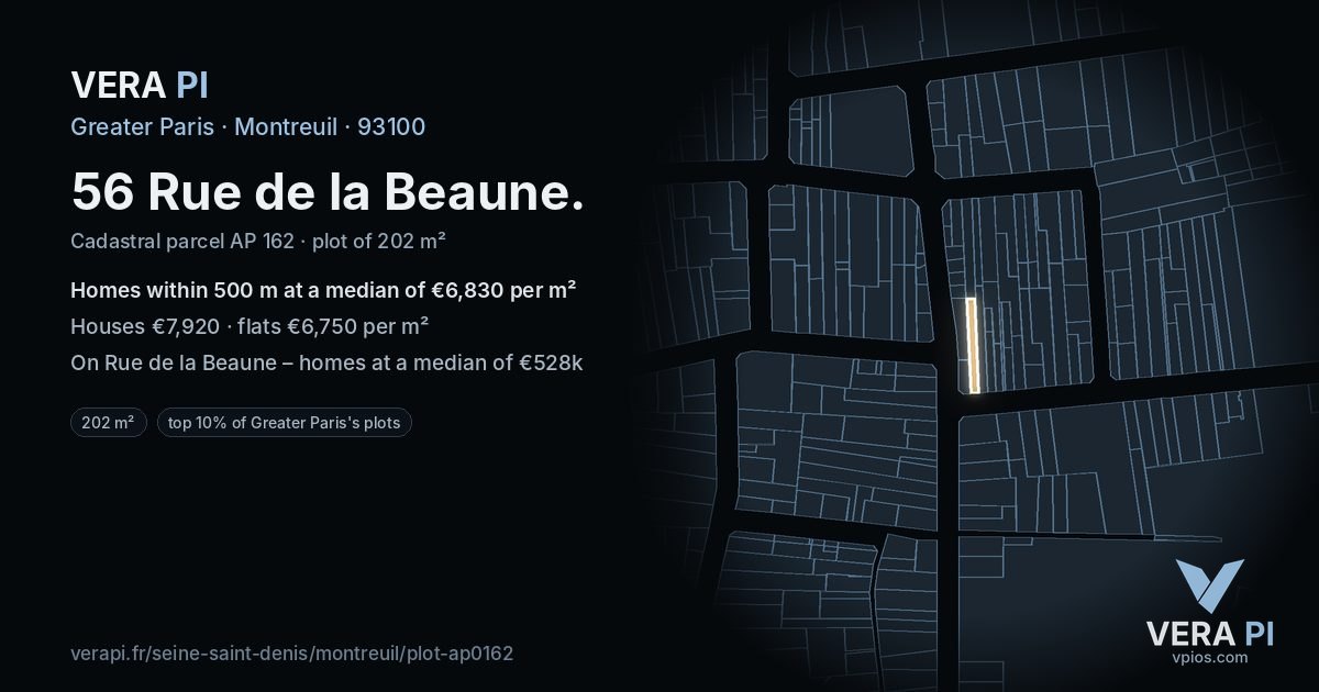 56 Rue de la Beaune, Montreuil at night – the plot lit, the parcels around coloured by the prices near them