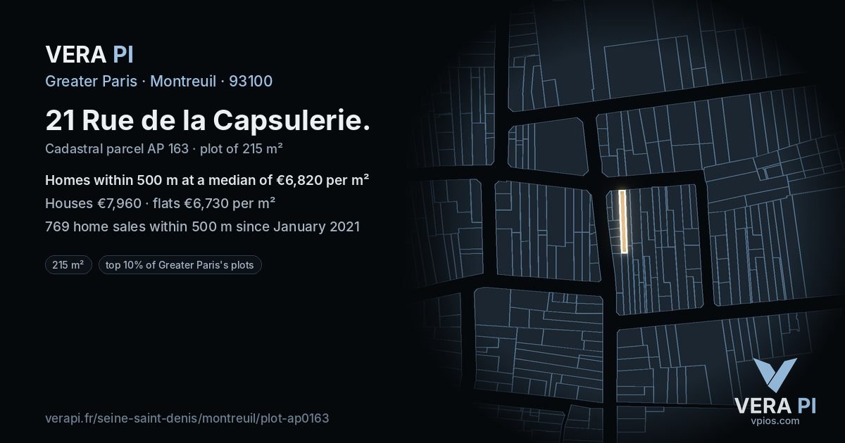 21 Rue de la Capsulerie, Montreuil at night – the plot lit, the parcels around coloured by the prices near them