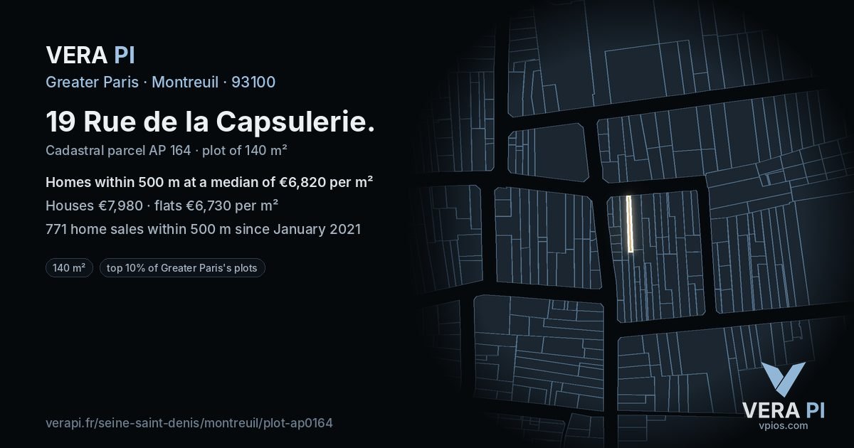 19 Rue de la Capsulerie, Montreuil at night – the plot lit, the parcels around coloured by the prices near them