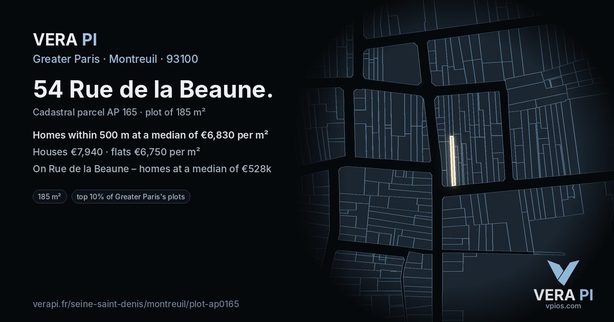 54 Rue de la Beaune, Montreuil at night – the plot lit, the parcels around coloured by the prices near them