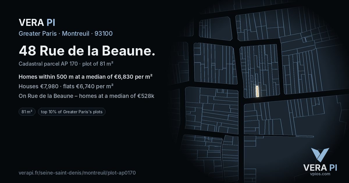 48 Rue de la Beaune, Montreuil at night – the plot lit, the parcels around coloured by the prices near them