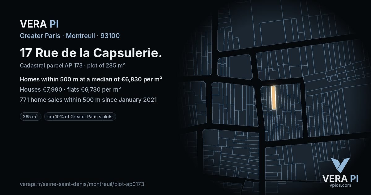 17 Rue de la Capsulerie, Montreuil at night – the plot lit, the parcels around coloured by the prices near them