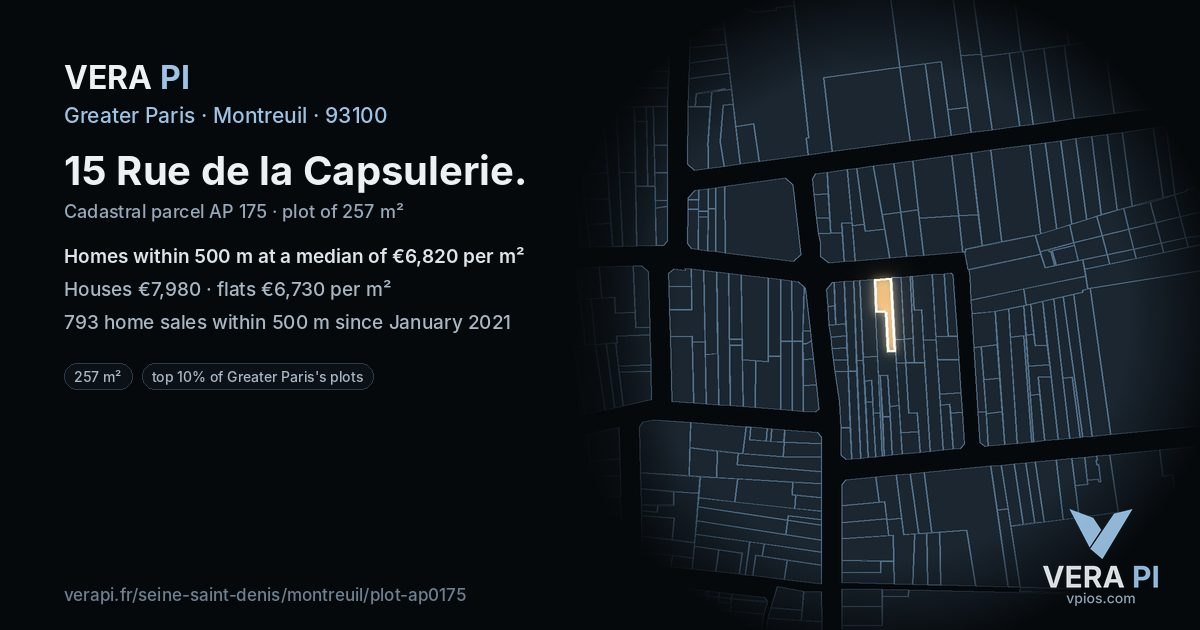 15 Rue de la Capsulerie, Montreuil at night – the plot lit, the parcels around coloured by the prices near them