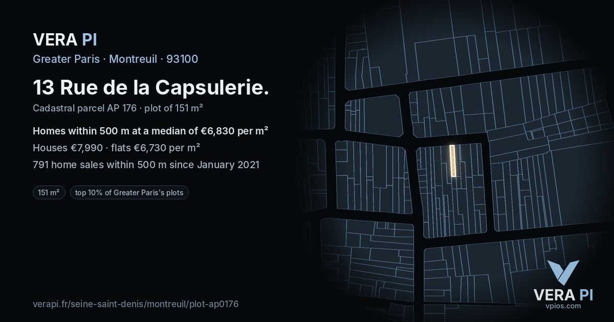 13 Rue de la Capsulerie, Montreuil at night – the plot lit, the parcels around coloured by the prices near them