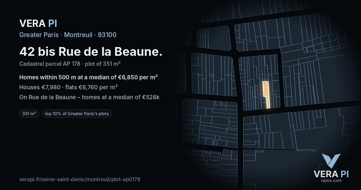 42 bis Rue de la Beaune, Montreuil at night – the plot lit, the parcels around coloured by the prices near them