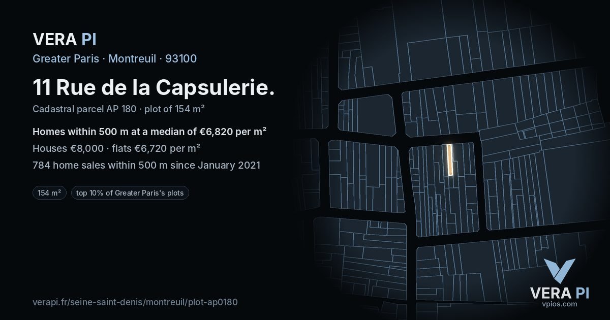 11 Rue de la Capsulerie, Montreuil at night – the plot lit, the parcels around coloured by the prices near them