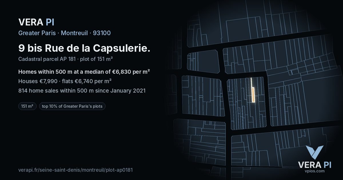 9 bis Rue de la Capsulerie, Montreuil at night – the plot lit, the parcels around coloured by the prices near them
